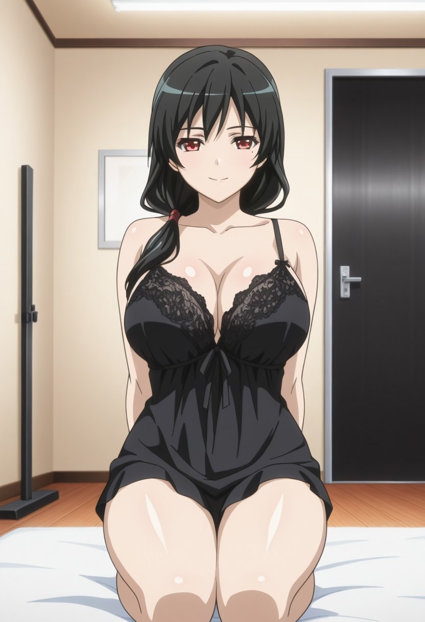 1girls, accurate art style, adult, adult female, ai generated, anime style, arms behind back, babydoll, bare legs, bare shoulders, bare thighs, beauty mark, bed, bedroom, big breasts, black hair, blush, breasts, busty, chemise, cleavage, clothing, curvaceous, curvy, curvy female, curvy figure, facing viewer, female, female focus, female only, front view, hair over shoulder, hair scrunchie, high resolution, huge breasts, indoors, kaori sakaki, kneeling, lingerie, long hair, looking at viewer, mature, mature female, milf, mole, mole under eye, mostly nude, on bed, partially clothed, pinup, ponytail, ran sem, ran sen hakudaku delmo tsuma no miira tori, red eyes, revealing clothes, rin x sen + ran - sem cross mix, sagging breasts, side ponytail, skimpy, skimpy clothes, solo, solo focus, strap slip, thick thighs, thighs, tied hair, voluptuous, voluptuous female, white skin, wide hips