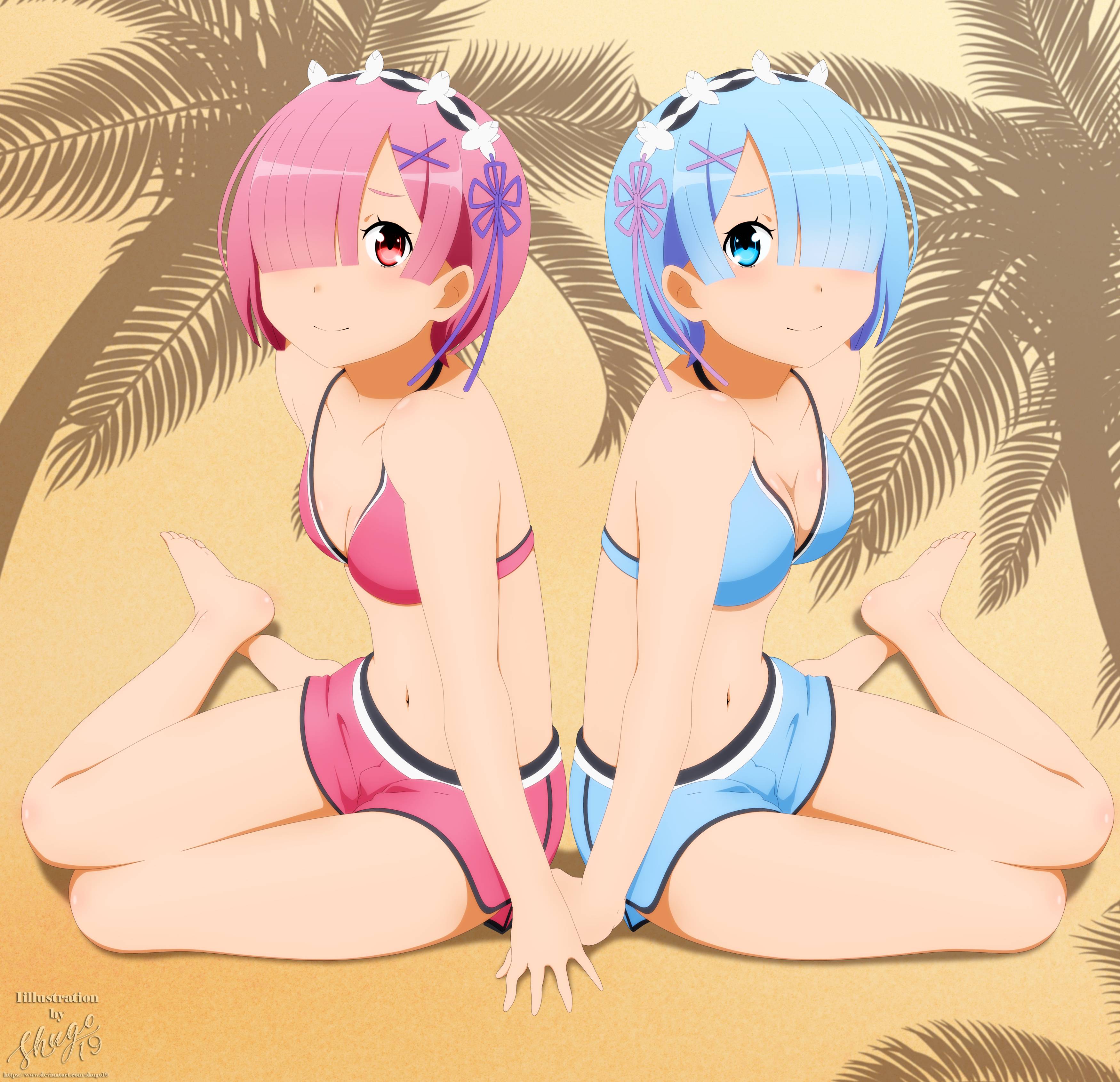2d, 2d (artwork), 2d artwork, arm support, bare belly, bare calves, bare chest, bare hands, bare knees, bare legs, bare midriff, bare navel, bare shoulders, bare soles, bare thighs, barefoot, beach, belly, belly button, big sister, bikini, bikini bottom, bikini only, bikini top, black hairband, blood related, blue bikini, blue bikini bottom, blue bikini top, blue eyebrows, blue eyes, blue hair, blue string bikini, blue swimsuit, blue swimwear, blue-eyed female, blue-haired female, breasts, calves, cleavage, collarbone, day, daytime, digital, digital art, digital drawing, digital drawing (artwork), digital media, digital media (artwork), exposed arms, exposed belly, exposed chest, exposed legs, exposed midriff, exposed navel, exposed shoulders, exposed skin, exposed thighs, exposed toes, eyebrows hidden by hair, feet, female, female focus, female only, fingers, from above, full body, hair covering eye, hair ornament, hair ornaments, hair over eye, hair over one eye, hairband, half naked, half nude, halterneck, high resolution, highres, knees, lean figure, legs, little sister, looking at viewer, looking up, looking up at viewer, medium breasts, midriff, naked, naked female, naked woman, narrow waist, navel, nude, nude female, nudity, older sister, outdoor, outdoor nudity, outdoors, outside, parted bangs, petite, petite body, petite breasts, petite female, petite girl, petite tits, pink bikini, pink bikini bottom, pink bikini top, pink eyebrows, pink eyes, pink hair, pink hair female, pink string bikini, pink swimsuit, pink swimwear, pink-eyed female, pink-haired female, ram (re:zero), re:zero kara hajimeru isekai seikatsu, rem (re:zero), sand, semi nude, short hair, shoulders, shugo19, siblings, simple background, sister and sister, sisters, sitting, sitting on ass, sitting on floor, sitting on ground, slender body, slender waist, slim waist, small breasts, soles, string bikini, swimsuit, swimwear, thighs, toes, yokozuwari, younger sister