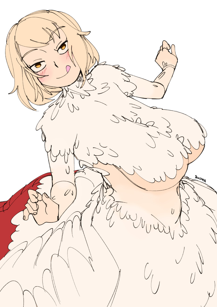 3amsoda, blonde hair, dungeon meshi, falin touden, falin touden (chimera), feathered breasts, feathers, sagging breasts, tagme, yellow eyes