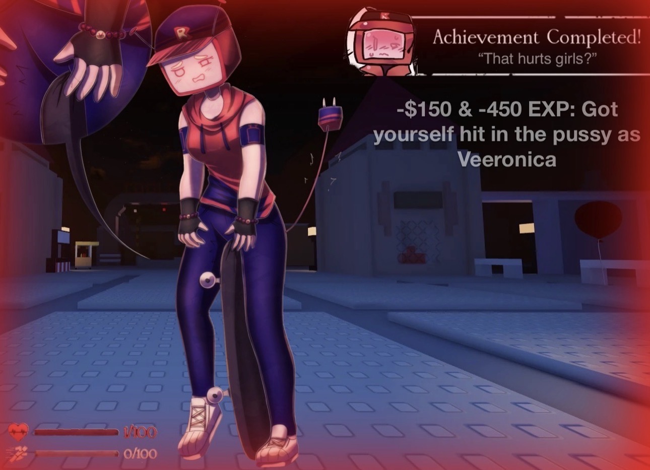 3d background, artist request, clit torture, commission, cuntbust, cuntbusting, forsaken (roblox), fully clothed, game ui, not naked, pain, roblox, roblox background, roblox game, robloxian, robot girl, screencap background, skateboard, tagme, tail, veeronica, yeoouch