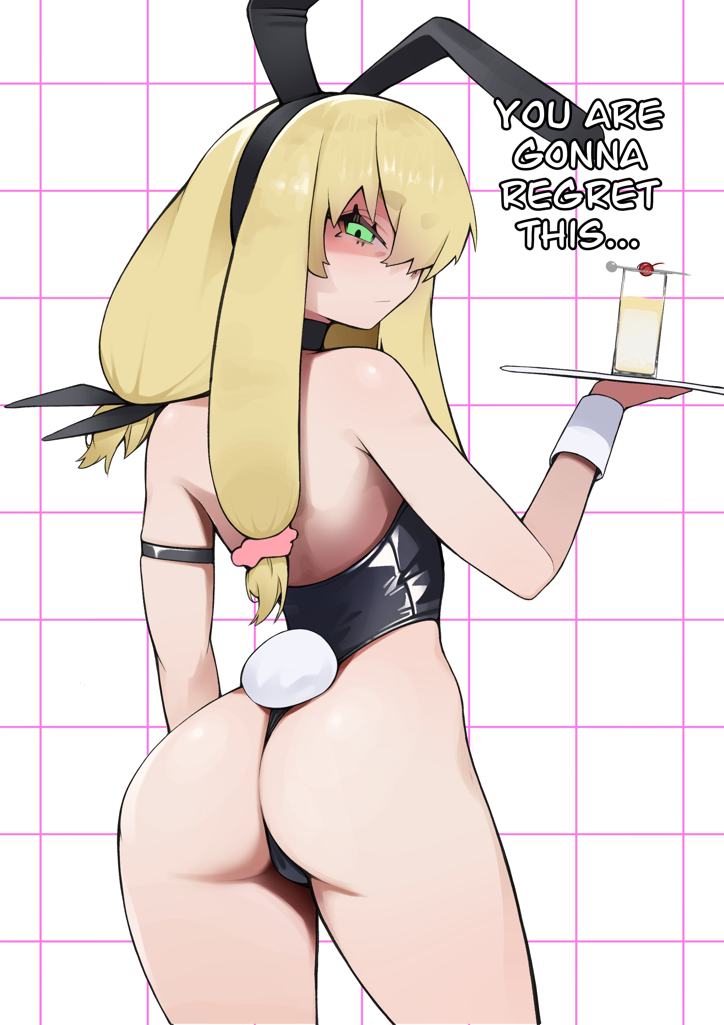 absurdres, animal ears, arm strap, ass, black choker, black hairband, black leotard, blonde hair, choker, commentary, contrapposto, cowboy shot, cws3k, english commentary, english text, fake animal ears, fake tail, female, from behind, frown, glass, green eyes, hair over one eye, hairband, highres, holding, holding tray, leotard, long hair, looking back, low-tied long hair, original, playboy bunny, rabbit ears, rabbit tail, solo, strapless, strapless leotard, tail, thick eyebrows, thong leotard, tray, wrist cuffs