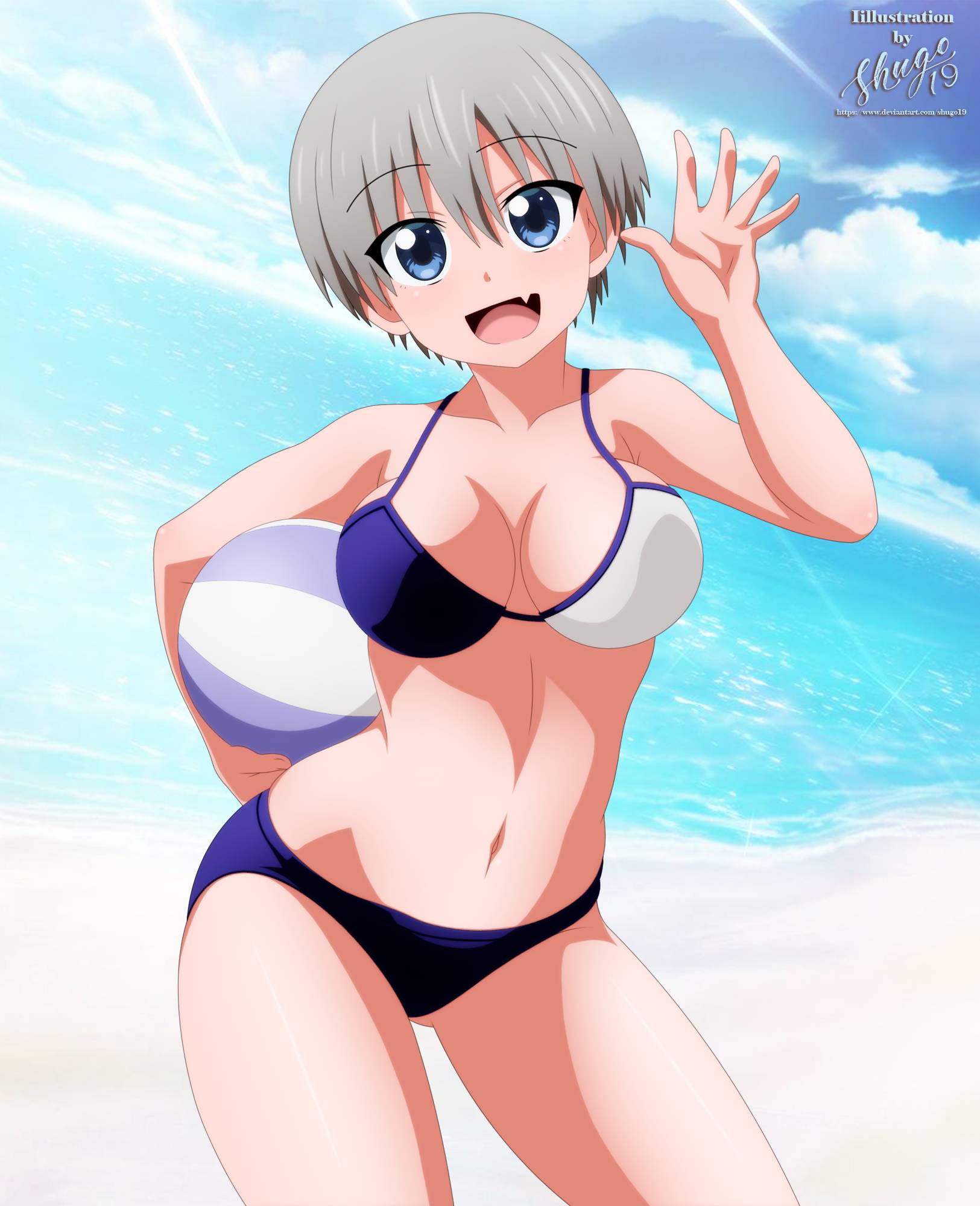 1girls, 2d, 2d (artwork), 2d artwork, adult, adult female, bare armpits, bare arms, bare belly, bare chest, bare hands, bare hips, bare legs, bare midriff, bare navel, bare shoulders, bare skin, bare thighs, beach, beach ball, belly, belly button, big breasts, blue eyes, blue sky, blue-eyed female, breasts, busty, busty female, busty girl, cleavage, clouds, coast, collarbone, curvaceous, curvaceous body, curvaceous female, curvaceous figure, curvaceous hips, curvaceous thighs, curvy, curvy body, curvy female, curvy figure, curvy hips, curvy thighs, day, daylight, daytime, digital, digital art, digital drawing, digital drawing (artwork), digital media, digital media (artwork), elbows, exposed armpits, exposed arms, exposed belly, exposed chest, exposed hips, exposed legs, exposed midriff, exposed navel, exposed shoulders, exposed skin, exposed thighs, female, female focus, female only, fingers, grey hair, grey-haired female, groin, hair between eyes, head tilt, high resolution, highres, horizon, hourglass figure, inguinal crease, inguinal ligament, large boobs, large breasts, lean figure, linea alba, looking at viewer, mature, mature female, midriff, naked, naked female, naked woman, narrow waist, navel, nudity, ocean, open mouth, open mouth smile, outdoor, outdoor nudity, outdoors, outside, parted lips, pixie cut, plump breasts, posing, posing for the viewer, sand, sea, seaside, short hair, shoulders, shugo19, sky, slender body, slender waist, slim waist, smile, smiley face, smiling, smiling at viewer, solo, standing, stomach, thick thighs, thigh gap, thighs, tilted head, tomboy, tongue, upper body, uzaki hana, uzaki-chan wa asobitai!, waving, waving at viewer, waving hand, wide hips