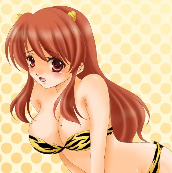 animal_print asahina_mikuru bikini breasts brown_eyes brown_hair cleavage cosplay female horns imageboard_desourced jpeg_artifacts long_hair mole mole_on_breast non-web_source oni sinko small_breasts solo suzumiya_haruhi_no_yuuutsu swimsuit tears tiger_print yellow_bikini