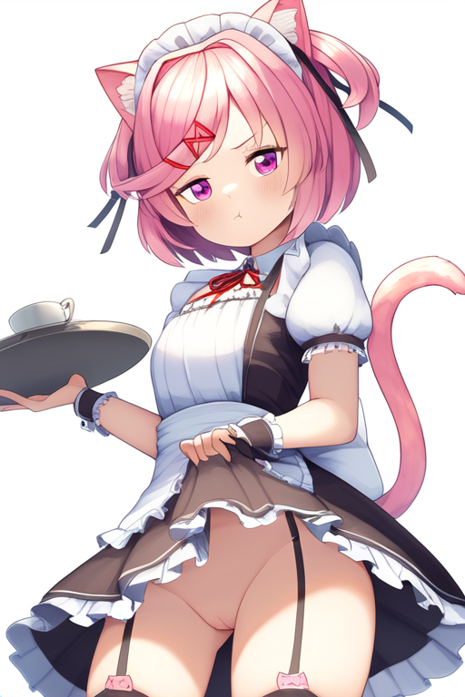 :t ai_generated cat_ears cat_tail catgirl doki_doki_literature_club dress_lift human human_only light-skinned_female light_skin looking_at_viewer maid maid_uniform natsuki_(doki_doki_literature_club) no_panties platter pout showing_off showing_pussy skirt_lift teacup white_background