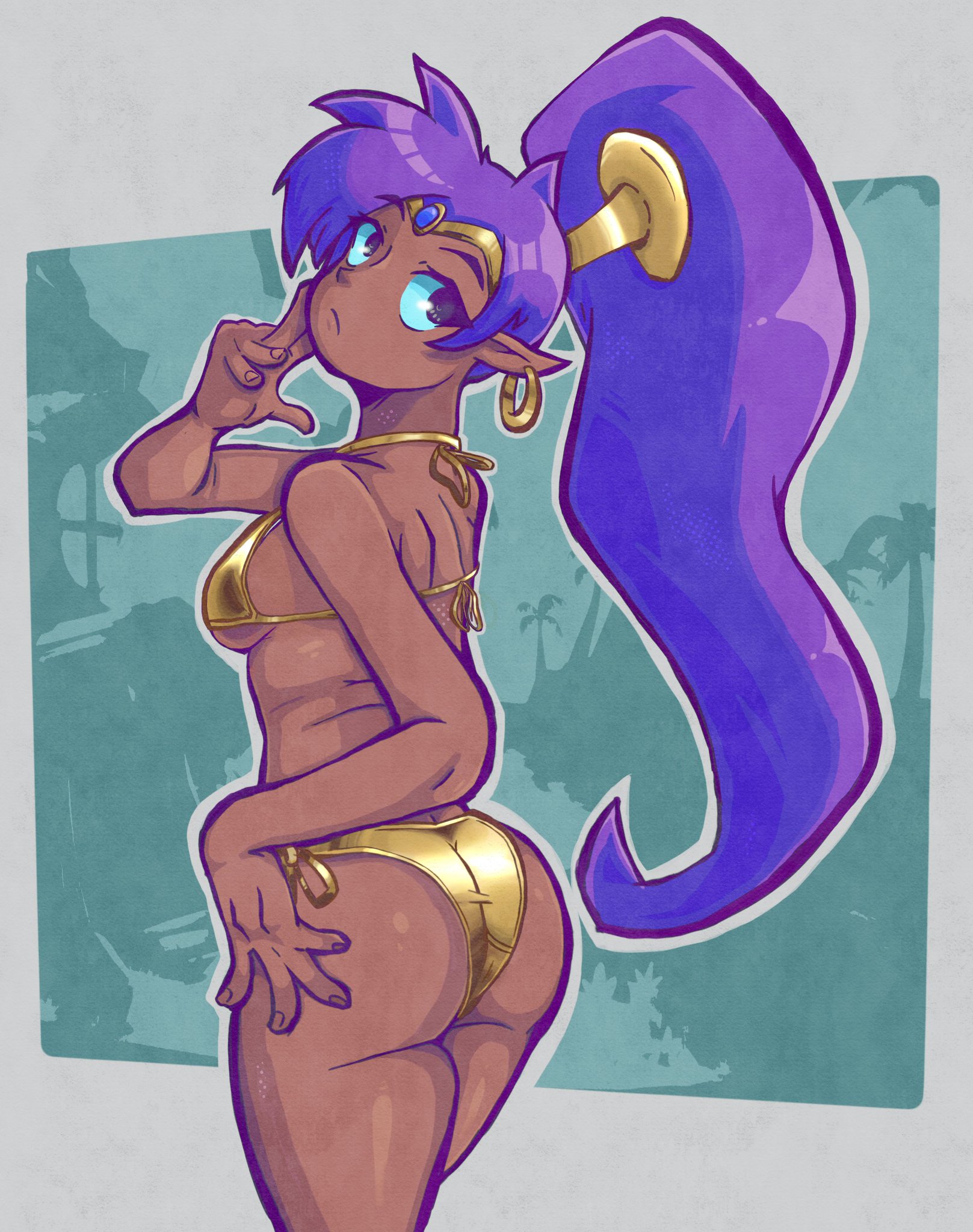 1girls, ass, bikini, breasts, female, gold bikini, saguinee, shantae, shantae (character), sweengasu, tagme