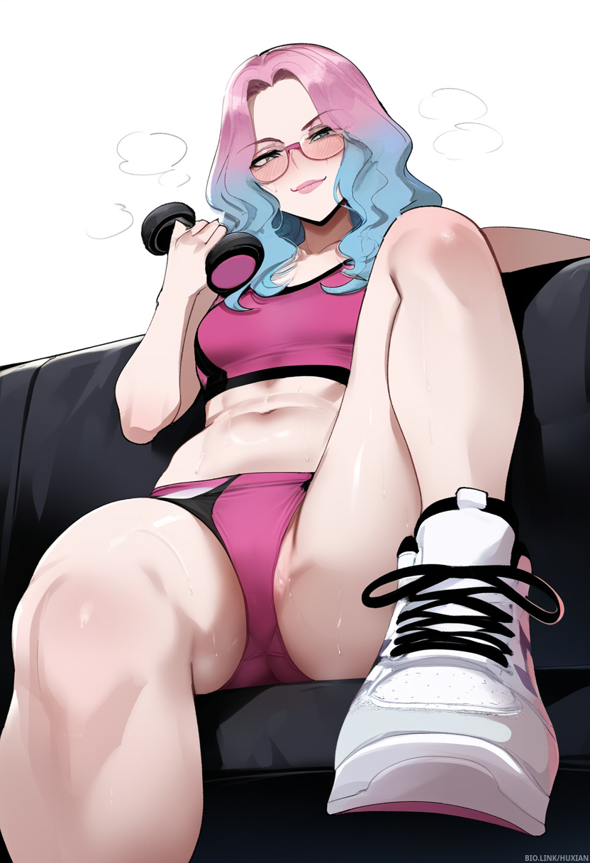 ai_generated brown_eyes dumbbell female from_below glasses gradient_hair gym_uniform pink-framed_eyewear pink-framed_glasses pink_hair self_upload shoes shorts smirk smug sneakers sports_bra steam sweat tank_top thighs viriai wavy_hair white_tank_top