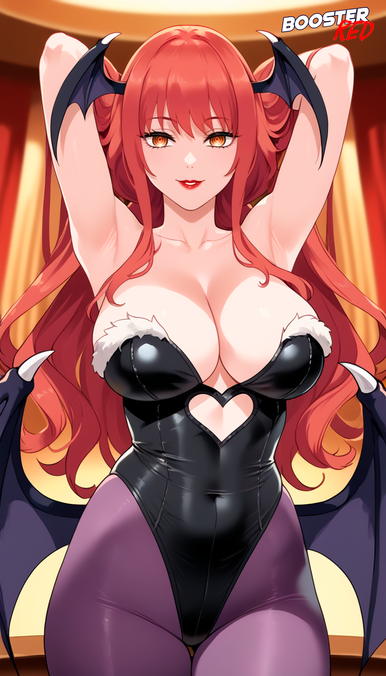 ai_generated animal_print arms_above_head bare_shoulders bat_print bat_wings blush boosterred99 breasts bridal_gauntlets chainsaw_man cleavage clothing_cutout collarbone cosplay darkstalkers demon_girl head_wings heart_cutout large_breasts legs leotard long_hair looking_at_viewer low_wings makima_(chainsaw_man) mature_female milf morrigan_aensland pantyhose pony_diffusion_xl print_pantyhose purple_pantyhose red_hair seductive seductive_smile smile solo stable_diffusion succubus wings yellow_eyes