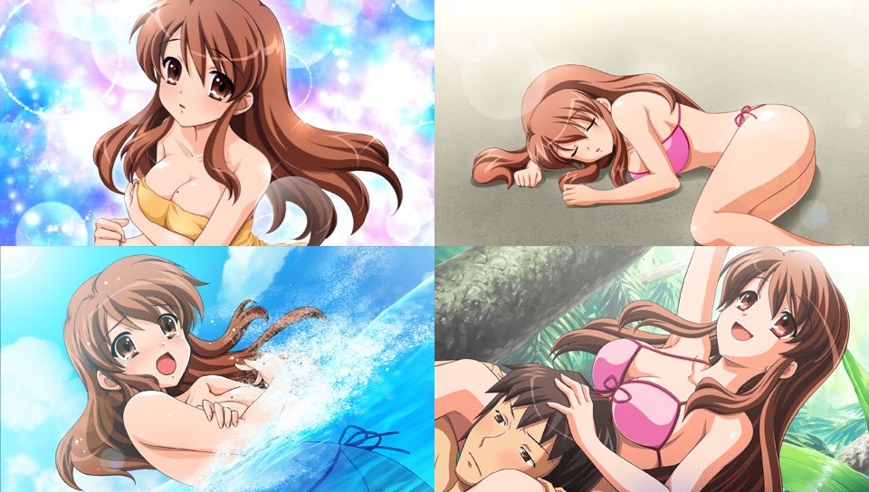 1boy artist_request asahina_mikuru bikini blush brown_eyes brown_hair collage female kyon suzumiya_haruhi_no_yuuutsu swimsuit wardrobe_malfunction