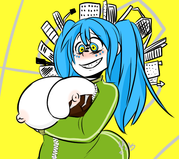 1girls aqua_eyes aqua_hair breasts breasts_out city colored_skin crazy_eyes crazy_smile green_jacket hatsune_miku huge_breasts jacket matryoshka_(vocaloid) mv_character nipples solo twintails vallycuts vocaloid white_skin yellow_background zipper