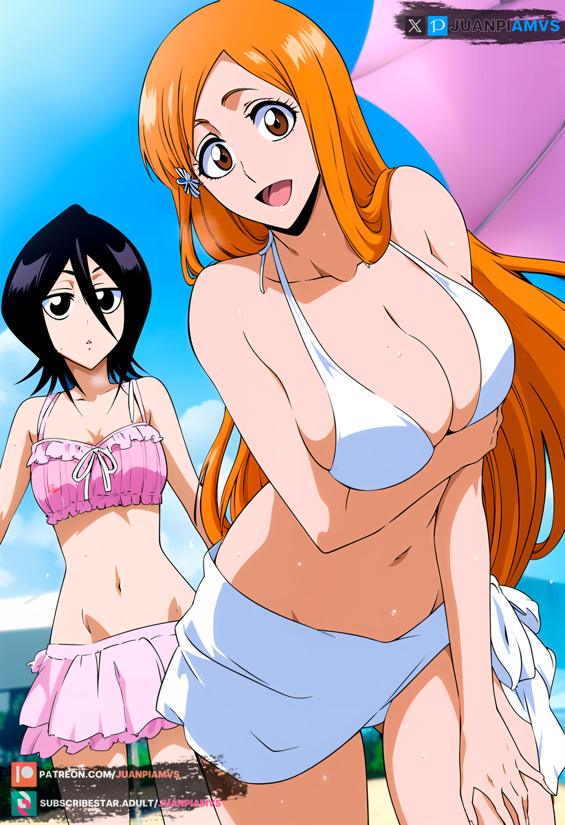 2girls ai_generated beach beach_umbrella big_breasts bikini black_hair bleach bleach:_sennen_kessen-hen bleach:_the_thousand-year_blood_war blue_eyes brown_eyes curvy hair_ornament inoue_orihime inoue_orihime juanpiamvs kuchiki_rukia kuchiki_rukia long_hair open_mouth orange_hair patreon patreon_username pixiv sand short_hair small_breasts smiling subscribestar subscribestar_username sweatdrop twitter watermark