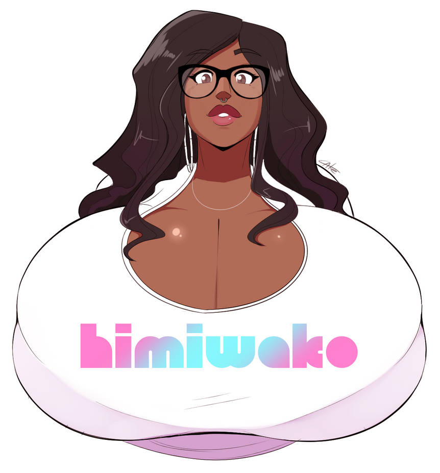 big_breasts caricature dark-skinned_female glasses himiwako huge_breasts logo macromastia massive_breasts necklace nose_piercing nose_ring portrait streamer text