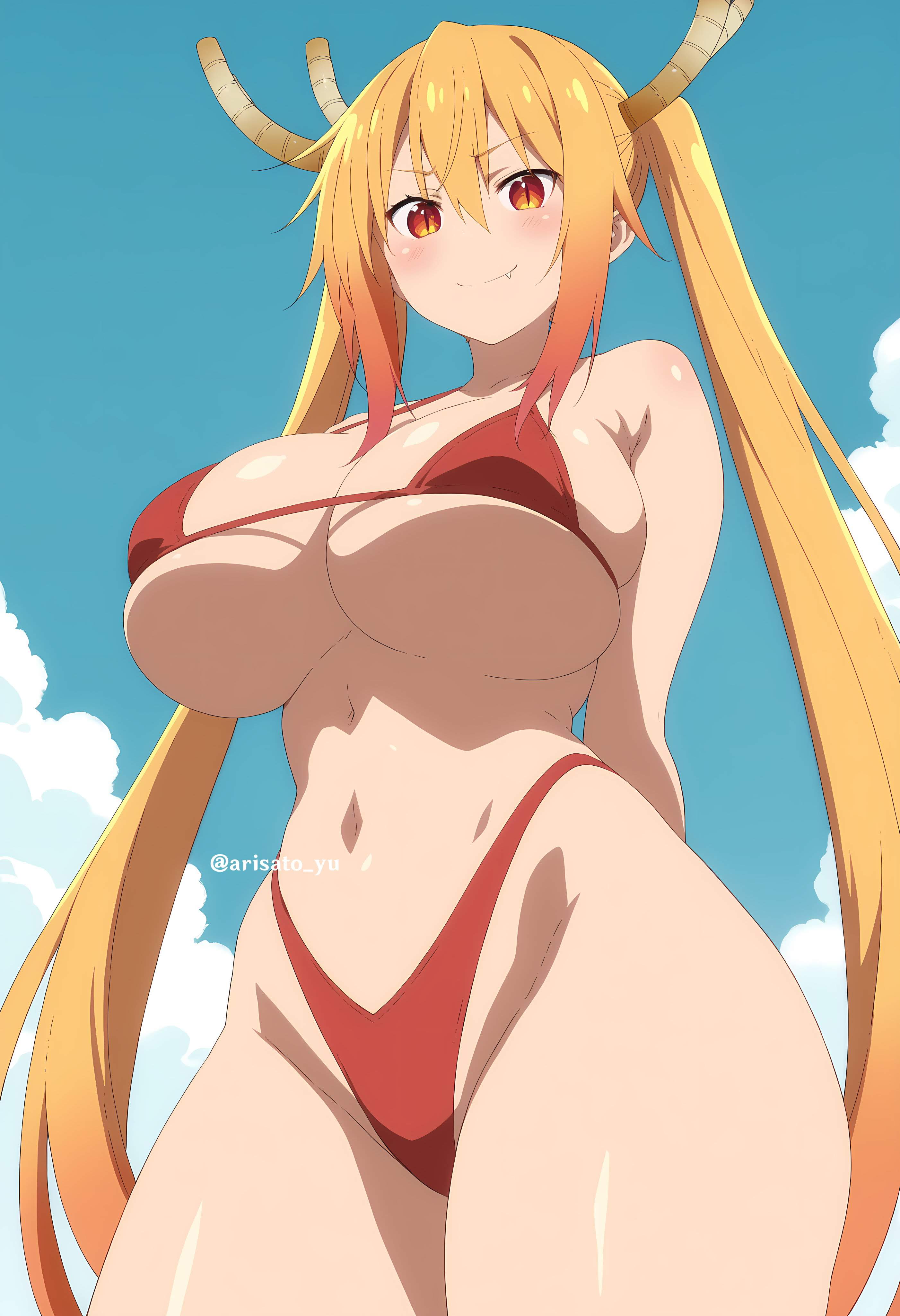 ai generated, arisato yu, bikini, blonde hair, double ponytail, dragon girl, dragon horns, female, kobayashi-san chi no maidragon, long hair, maid headdress, miss kobayashi's dragon maid, tohru (dragon maid)