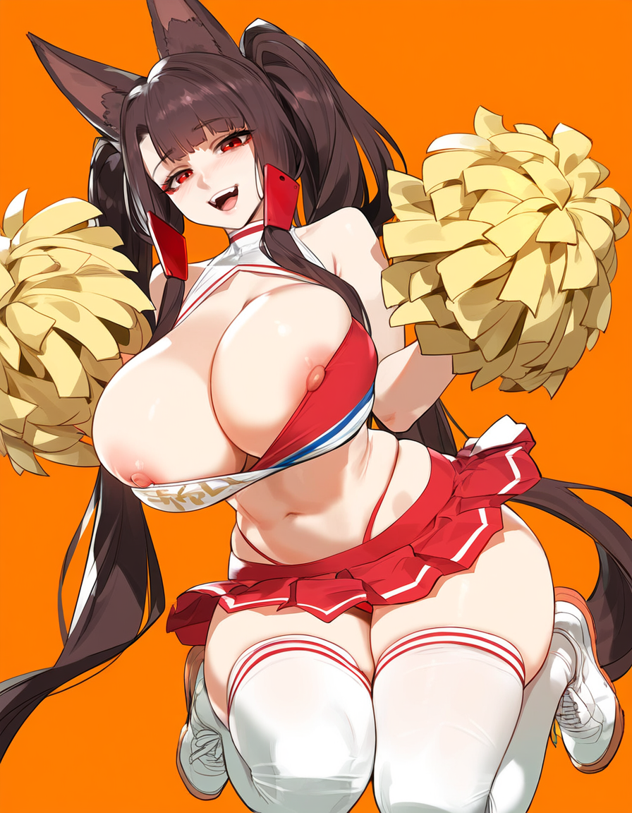 1girls ai_generated akagi_(azur_lane) azur_lane big_breasts breasts brown_hair cheerleader cheerleader_uniform enormous_breasts female female_focus female_only fox_ears fox_girl huge_breasts kitsune large_breasts light-skinned_female looking_at_viewer red_eyes smiling thick_thighs thighs