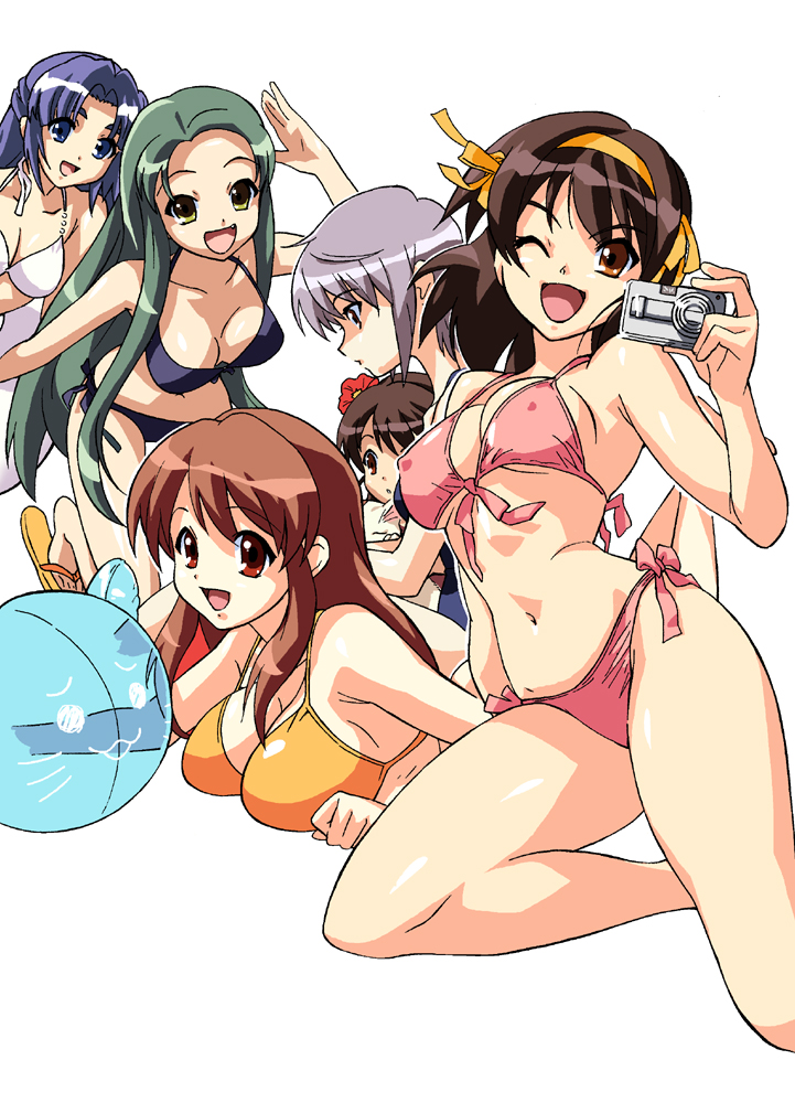 6+girls asahina_mikuru asakura_ryouko ball beachball bikini black_hair blue_eyes blue_hair bob_cut breast_press breasts brown_hair camera cleavage covered_nipples everyone flower front-tie_top green_hair hair_flower hair_ornament hair_ribbon hairband happy kizaki_(volvox) kneeling kyon's_sister large_breasts lolicon long_hair medium_hair multiple_girls nagato_yuki navel non-web_source oerba_yun_fang one_eye_closed orange_eyes orange_hairband purple_hair red_eyes ribbon sandals school_swimsuit short_hair side-tie_bikini_bottom smile suzumiya_haruhi suzumiya_haruhi_no_yuuutsu swimsuit tsuruya very_long_hair waving yellow_eyes