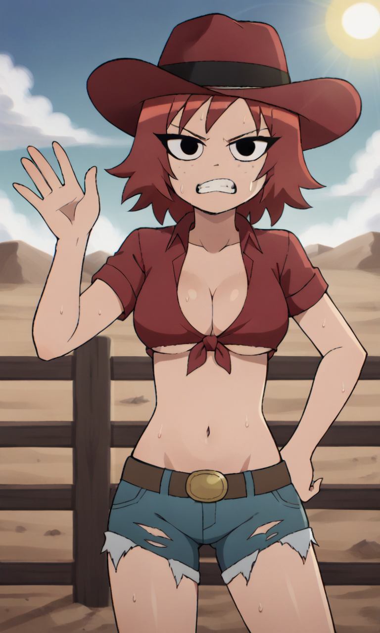 ai_generated ass bigmic145 black_eyes breasts cleavage cowboy_boots cowboy_hat farmgirl female female_only freckles freckles_on_face front-tie_top jean_shorts jeans kim_pine legs medium_breasts midriff navel netflix red_hair scott_pilgrim scott_pilgrim_takes_off solo solo_female underboob