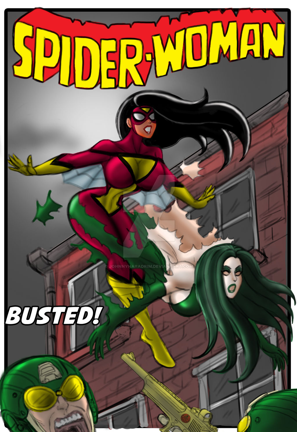 black_hair disguise gloves green_hair jessica_drew johnnyharadrim madame_hydra marvel marvel_comics mask red_suit skinsuit spider-woman superhero_costume superheroine torn_clothes viper_(marvel)