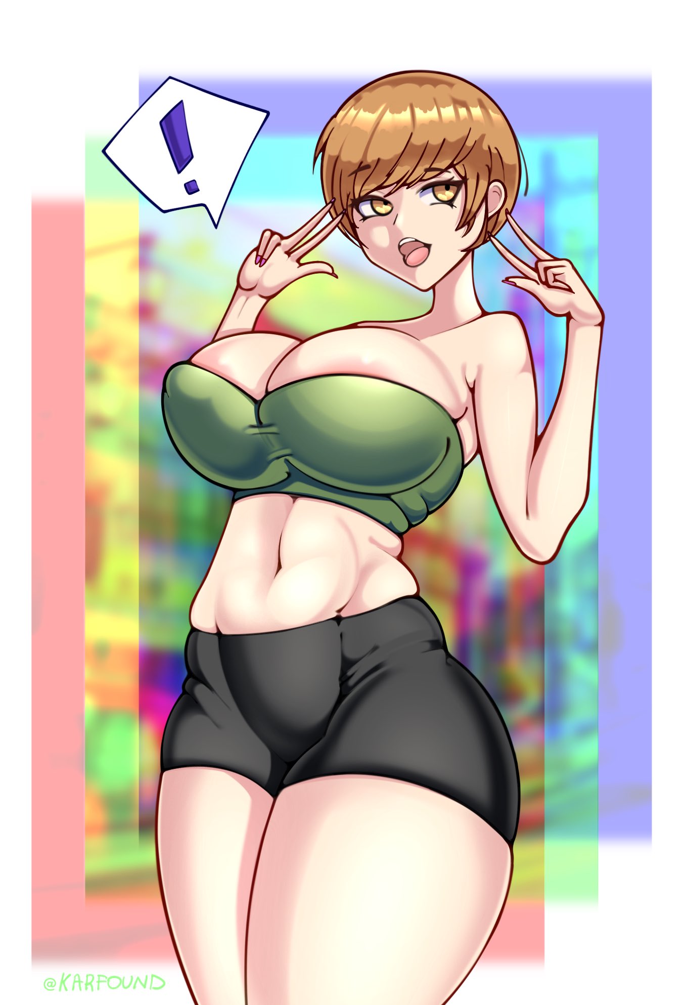 1girls alternate_costume big_breasts bike_shorts breasts brown_eyes brown_hair chie_satonaka female female_only huge_breasts karfound large_breasts megami_tensei persona persona_4 satonaka_chie solo thick_ass tube_top tubetop