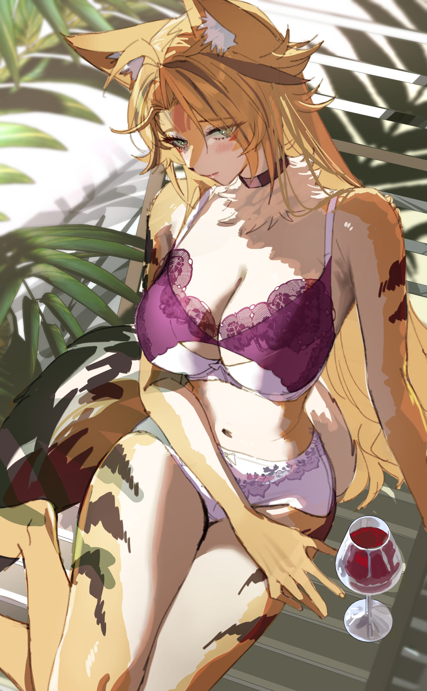 1girls, animal ear fluff, animal ears, bikini, black choker, blonde hair, breasts, cat ears, cat girl, cat tail, choker, commentary, cup, drinking glass, female, furry, furry female, green eyes, highres, large breasts, long hair, looking at viewer, multicolored bikini, navel, pulchra fellini, purple bikini, salmon88, sitting, solo, swimsuit, tail, two-tone bikini, white bikini, wine glass, zenless zone zero