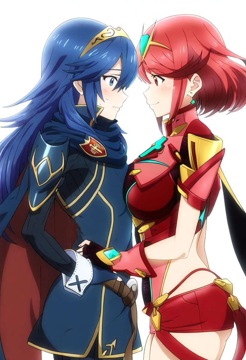 2girls ai_generated armor blue_dress blue_eyes blue_hair blush breast_press breast_size_difference breasts cape chest_jewel clothing core_crystal crossover curvy earrings female female_only fingerless_gloves fire_emblem fire_emblem_awakening gloves hips huge_breasts jewelry long_hair looking_at_each_other lucina_(fire_emblem) multiple_girls nintendo pyra pyra_(xenoblade) red_eyes red_hair short_hair shorts simple_background small_breasts symmetrical_docking tiara waist_grab white_background xenoblade_(series) xenoblade_chronicles_2