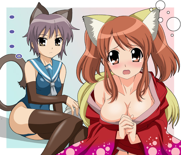 2girls animal_ears asahina_mikuru blush breasts brown_hair cat_ears cleavage elbow_gloves fox_ears gloves isse japanese_clothes kimono large_breasts long_sleeves mole mole_on_breast multiple_girls nagato_yuki official_alternate_hairstyle one-piece_swimsuit open_mouth print_kimono purple_hair short_hair single_bare_shoulder sitting suzumiya_haruhi_no_yuuutsu swimsuit tail tears thighhighs twintails