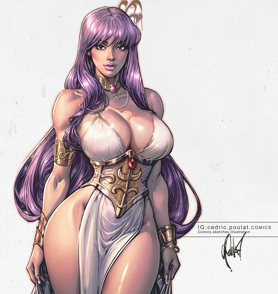 1girls accessories athena_(saint_seiya) breasts breasts_focus cedric_poulat deity dress eyebrows eyelashes female female_focus female_only goddess legs light-skinned_female light_skin lips long_hair purple_hair saint_seiya saori_kido shounen_jump solo solo_female solo_focus thighs very_long_hair voluptuous voluptuous_female white_dress wide_hips