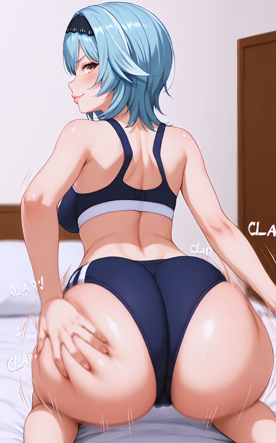 ai_generated ass ass_clapping ass_grab bedroom blush breasts buruma clapping_ass eula_(genshin_impact) fat_ass genshin_impact gym_uniform happy huge_ass looking_at_viewer medium_breasts motion_lines on_knees puffy_lips shiny_skin sports_bra tight_clothing