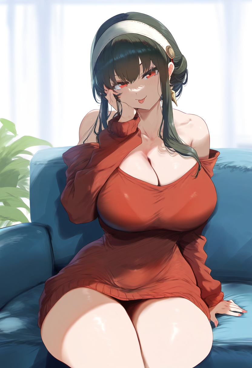 ai_generated big_breasts couch hand_in_hair hand_on_face jaygoats living_room looking_at_viewer milf red_sweater slim_waist smile spy_x_family thick_thighs tongue tongue_out wide_hips yor_briar yor_forger