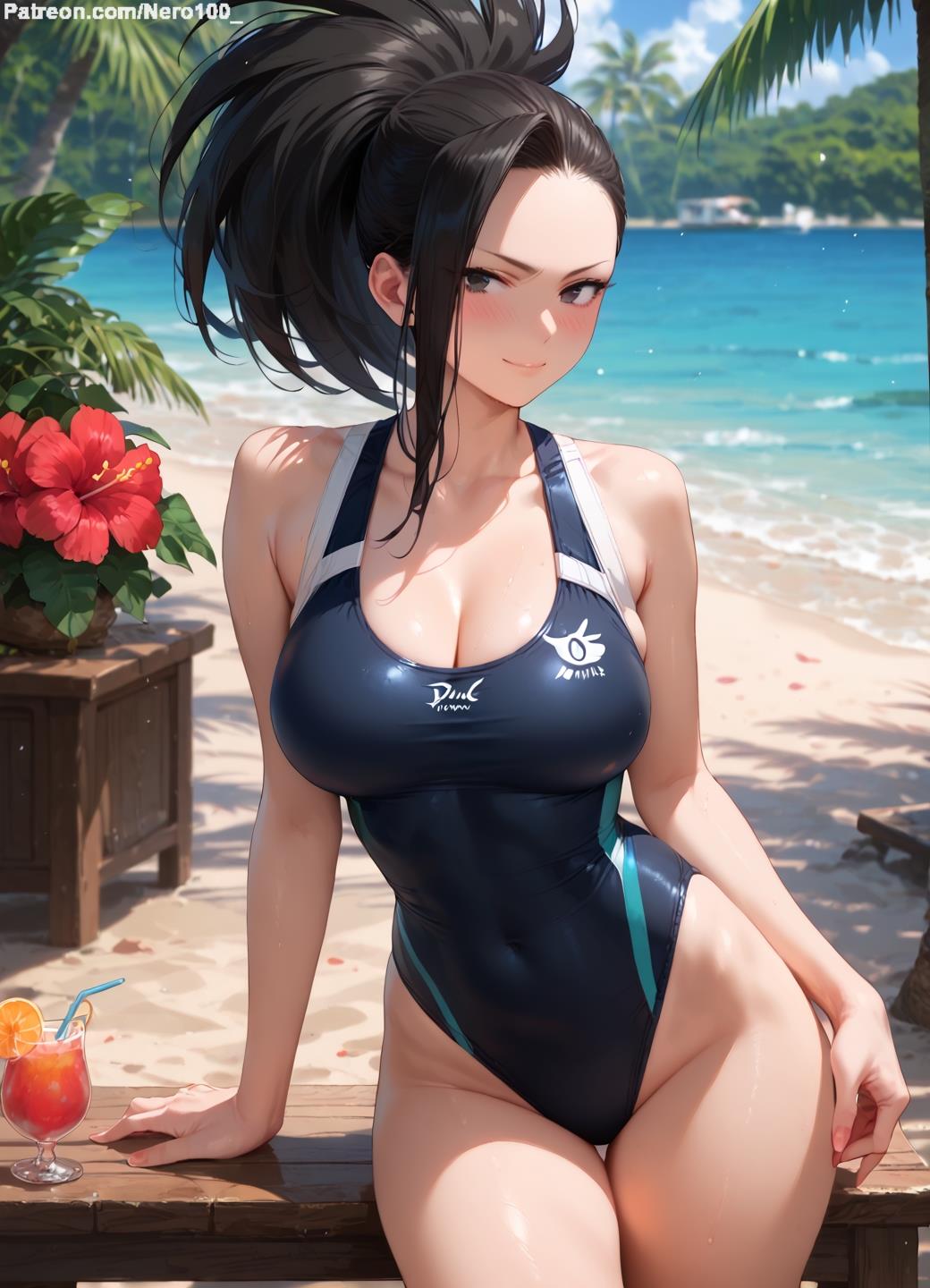 1girls 2d ai_generated ass ass athletic athletic_female bare_shoulders beach belly big_breasts black_eyes black_hair boku_no_hero_academia chest cleavage curvy curvy_figure cute cute_face detailed eyelashes eyeshadow female female_only fit fit_female focus green_eyes high_quality large_breasts legs light-skinned_female light_skin lips lipstick looking_at_viewer makeup mascara midriff momo_yaoyorozu my_hero_academia navel nero100 one-piece_swimsuit outdoors pale-skinned_female pale_skin ponytail posing seductive seductive_look stable_diffusion swimsuit tagme thighs thin_thighs thin_waist