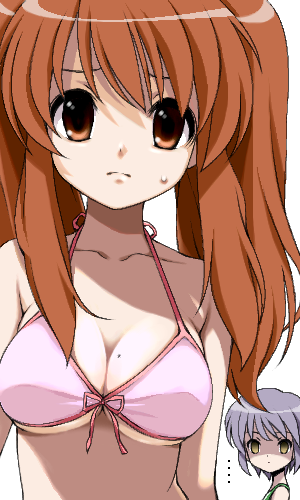 2girls asahina_mikuru bad_link bikini breast_envy breasts brown_eyes cleavage long_hair looking_at_another looking_at_viewer lowres maskman medium_breasts mole mole_on_breast multiple_girls nagato_yuki oekaki orange_hair short_hair suzumiya_haruhi_no_yuuutsu swimsuit yellow_eyes