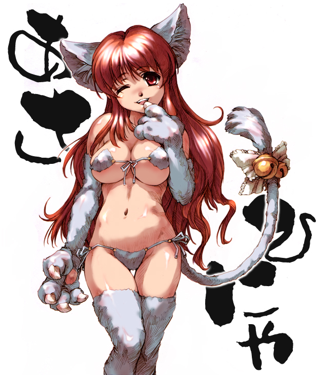 animal_ears asahina_mikuru bell bikini breasts brown_eyes brown_hair cat_ears claws elbow_gloves female finger_to_mouth front-tie_bikini_top front-tie_top gloves hisahiko large_breasts looking_at_viewer navel one_eye_closed open_mouth side-tie_bikini_bottom simple_background smile solo standing suzumiya_haruhi_no_yuuutsu swimsuit tail tail_bell tail_ornament thigh_gap thighhighs white_background