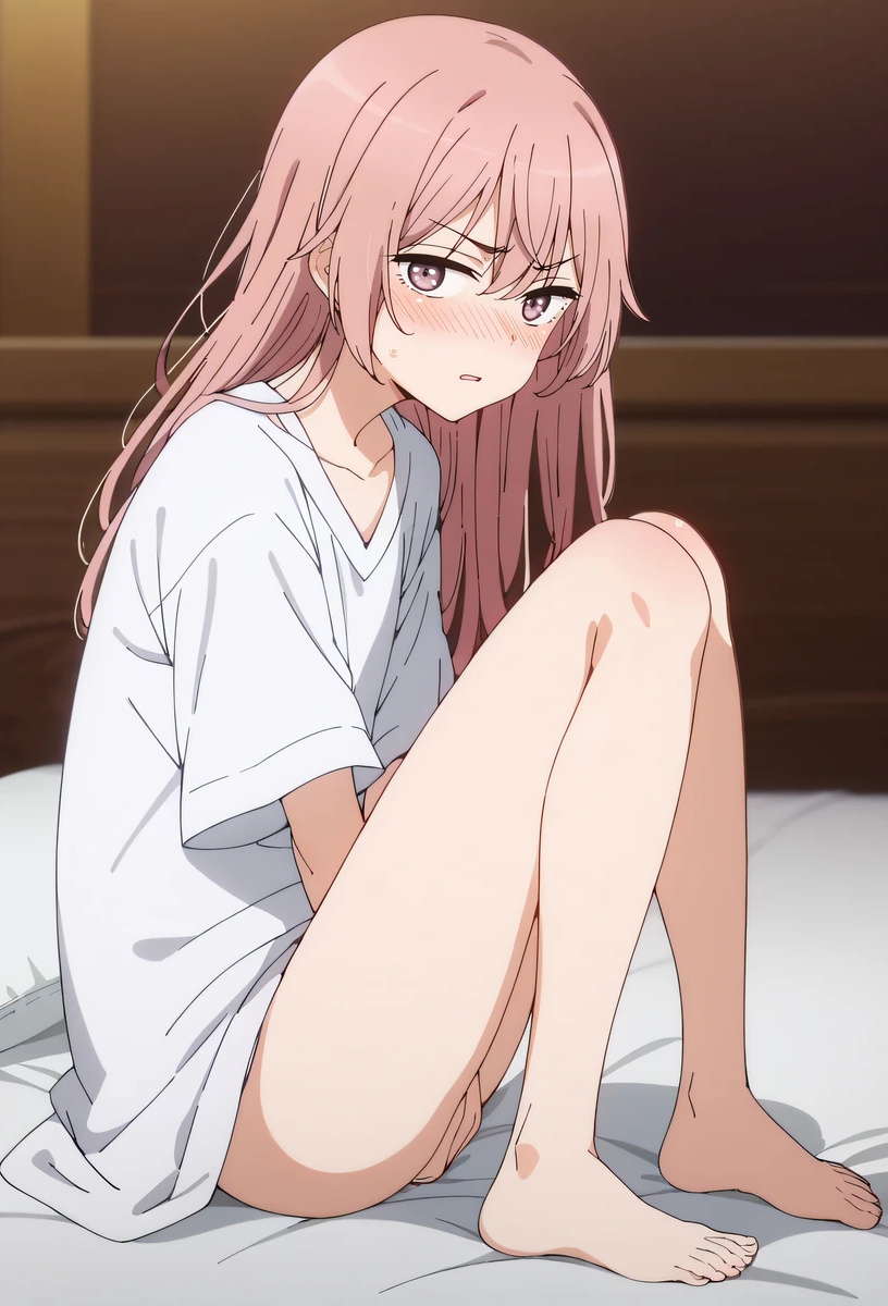 ai_generated angry_face bare_legs blush covering_pussy curvaceous curvy_female embarrassed inui_sajuna kiwifruit0501 light-skinned_female light_skin long_hair looking_at_viewer oversized_shirt pink_eyes pink_hair small_breasts solo_female sono_bisque_doll_wa_koi_wo_suru squatting sweat sweatdrop thick_thighs thighs