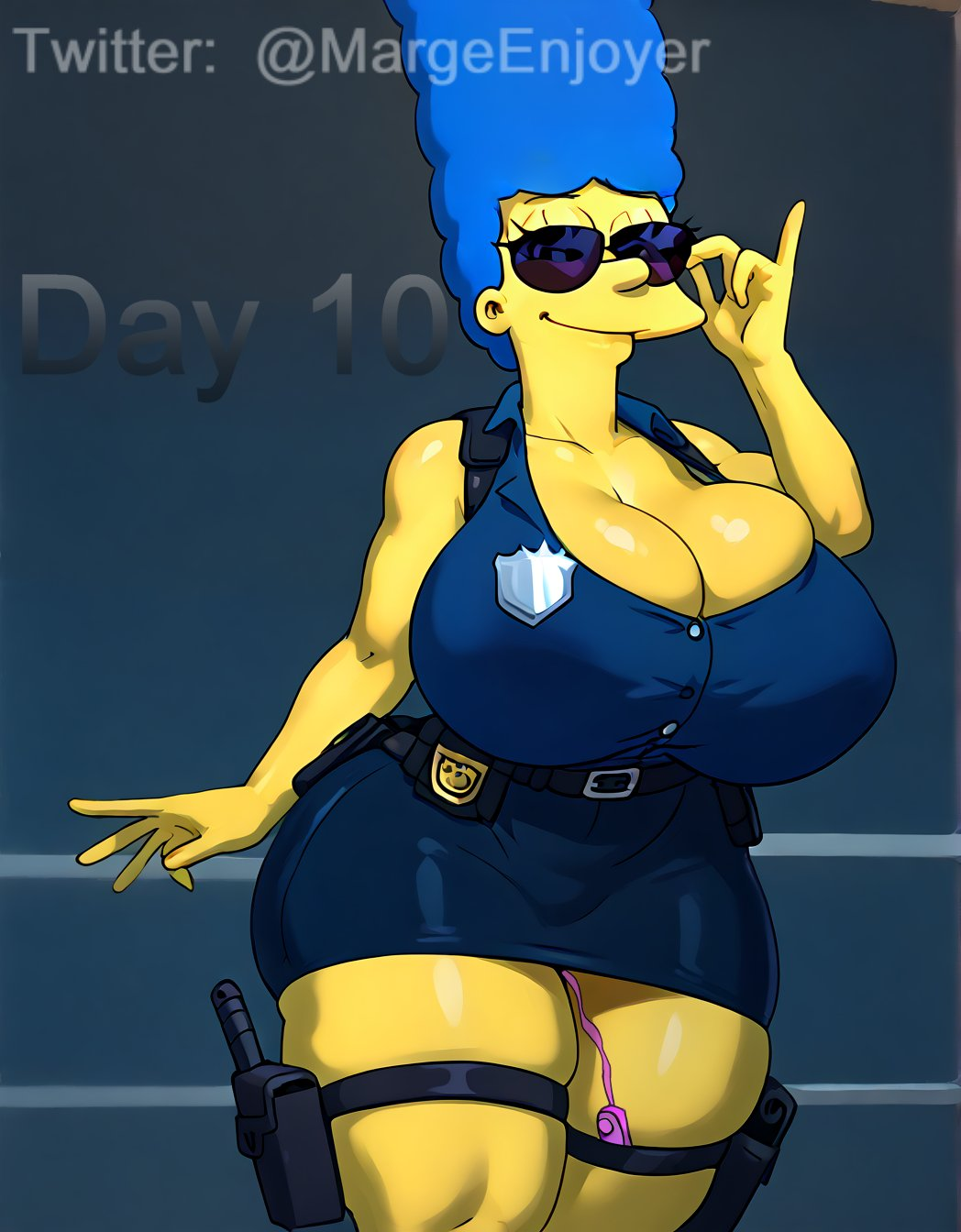 1girls 20th_century_fox 20th_century_studios ai_generated big_ass big_breasts egg_vibrator halloween huge_ass huge_breasts marge_simpson margeenjoyer milf police police_uniform policewoman self_upload solo spooktober sunglasses the_simpsons thick_thighs vibrator vibrator_under_clothes yellow_skin