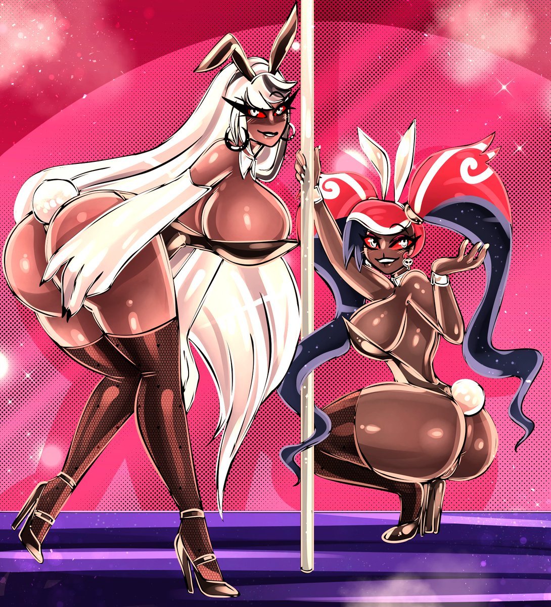 2demons 2girls big_ass big_breasts bitterbunz bunnysuit carmilla_carmine demon demon_girl demon_girls demon_humanoid demoness demons giant_ass hazbin_hotel pole velmilla velvette vivienne_medrano yuri