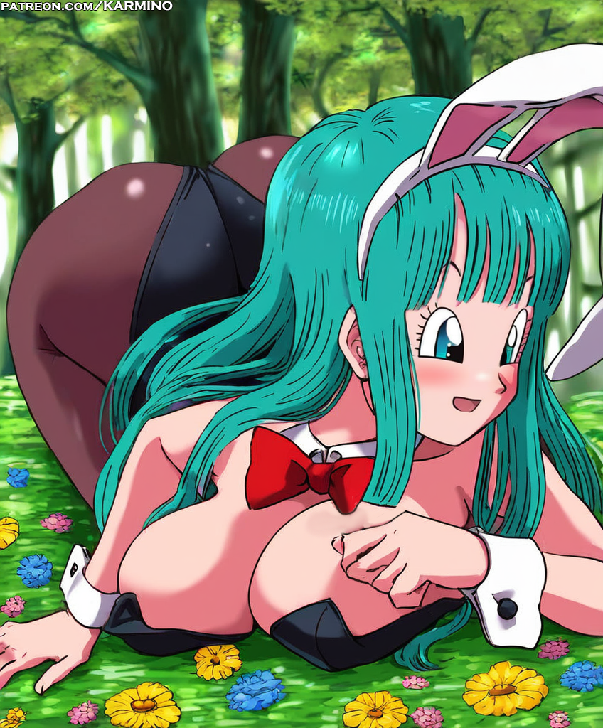 ai_generated all_fours animal_ears animal_tail aqua_hair ass bangs bare_shoulders black_leotard black_pantyhose blue_eyes blue_hair blush bow bowtie breasts bulma_briefs bunny_ears bunny_girl bunny_tail bunnysuit cleavage clothing detached_collar dragon_ball fake_animal_ears female female_only flower forest large_breasts legwear leotard long_hair looking_at_viewer lying nature open_mouth outdoors pantyhose playboy_bunny red_bow red_bowtie smile solo strapless strapless_leotard tail thighs tree wrist_cuffs