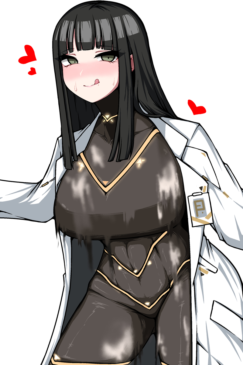 :p black_hair bodysuit breasts cesara_(limbus_company) cum cum_on_body green_eyes heart highres hime_cut hyun_ha-ryeong lab_coat large_breasts limbus_company narrow_waist project_moon skin_tight thick_thighs thighs tongue tongue_out turtleneck turtleneck_bodysuit wide_hips