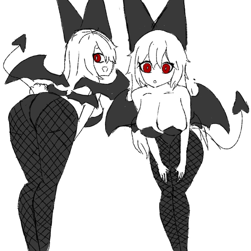 1girls :o animal_ears ass ater_(the_gray_garden) black_leotard black_wings breasts cat_ears chileansomethin cleavage colored_skin fishnets funamusea large_breasts leotard long_hair multiple_views pointy_chin rabbit_tail red_eyes strapless strapless_leotard tail the_gray_garden white_hair white_skin wings