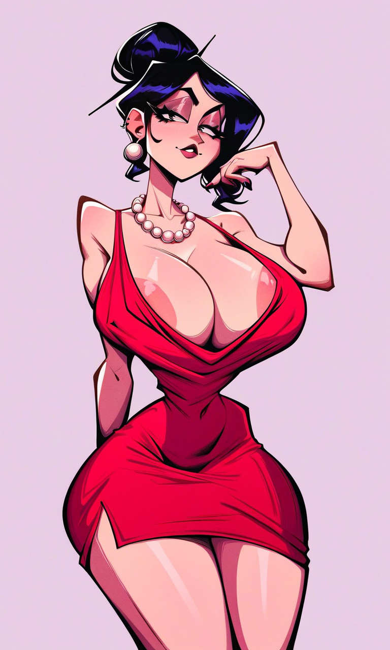 1girls ai_generated areola_slip areolae black_hair cleavage cleavage_overflow hair_bun huge_breasts kosine1777 original original_character red_dress shizue_(kosine1777) valbun_style