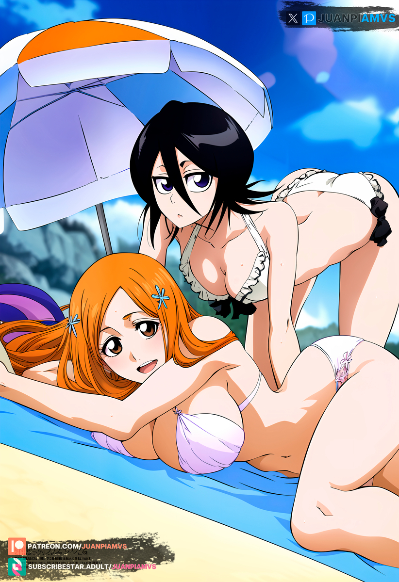 2girls ai_generated beach beach_towel beach_umbrella big_ass big_breasts bikini black_hair bleach bleach:_sennen_kessen-hen bleach:_the_thousand-year_blood_war blue_eyes booty brown_eyes clouds curvy hair_ornament inoue_orihime juanpiamvs kuchiki_rukia laying_down long_hair looking_at_viewer orange_hair patreon patreon_username pixiv sand short_hair small_breasts subscribestar subscribestar_username sun twitter watermark