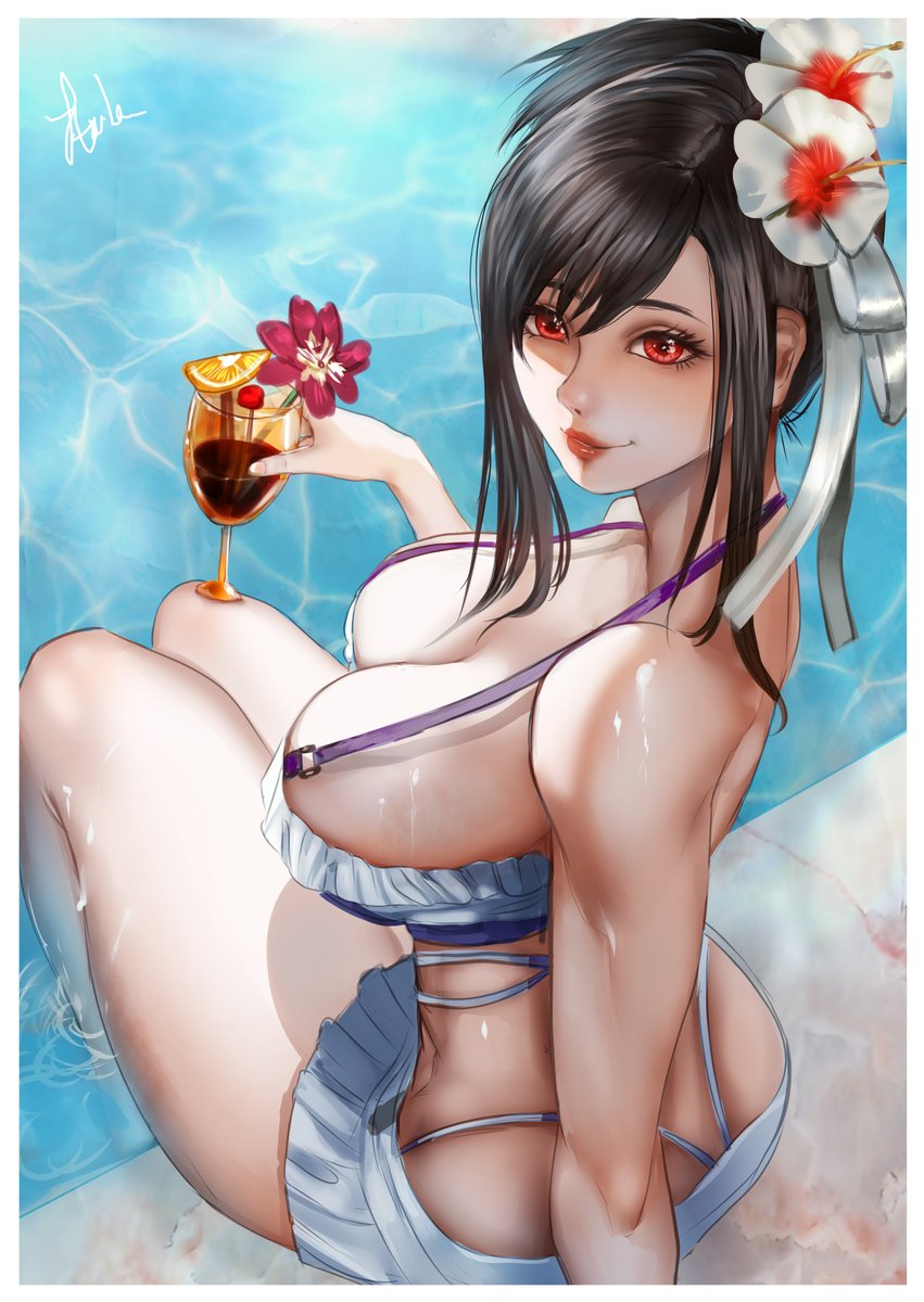 1girls arialla_draws big_breasts black_hair breasts cleavage drink female final_fantasy final_fantasy_vii final_fantasy_vii_remake flower flower_in_hair looking_at_viewer looking_back pool poolside red_eyes sitting smile solo tifa_lockhart tifa_lockhart_(shining_spirit)