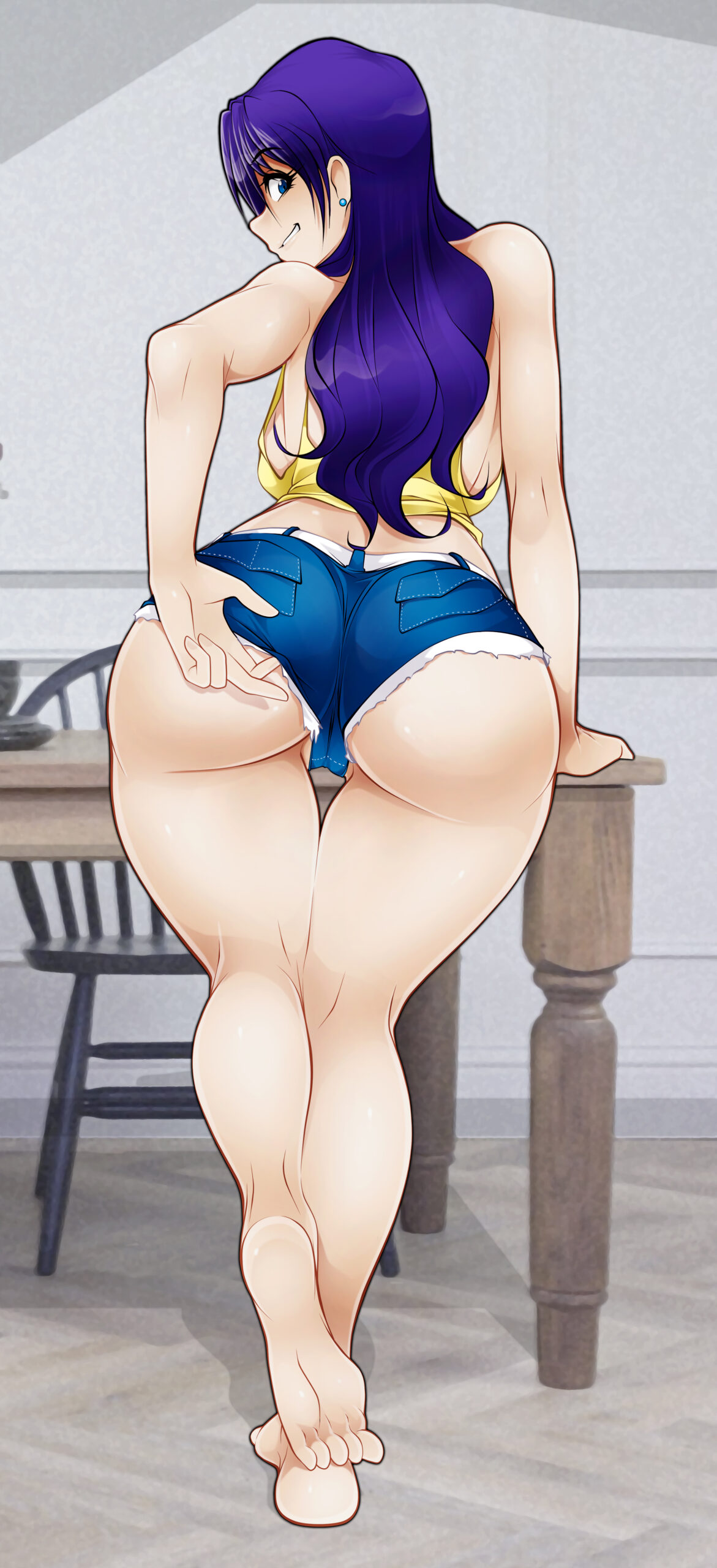 1girls ass back_view backboob bubble_butt daisy_dukes jago_dibuja large_breasts misato_katsuragi neon_genesis_evangelion purple_hair rear_view tank_top voluptuous