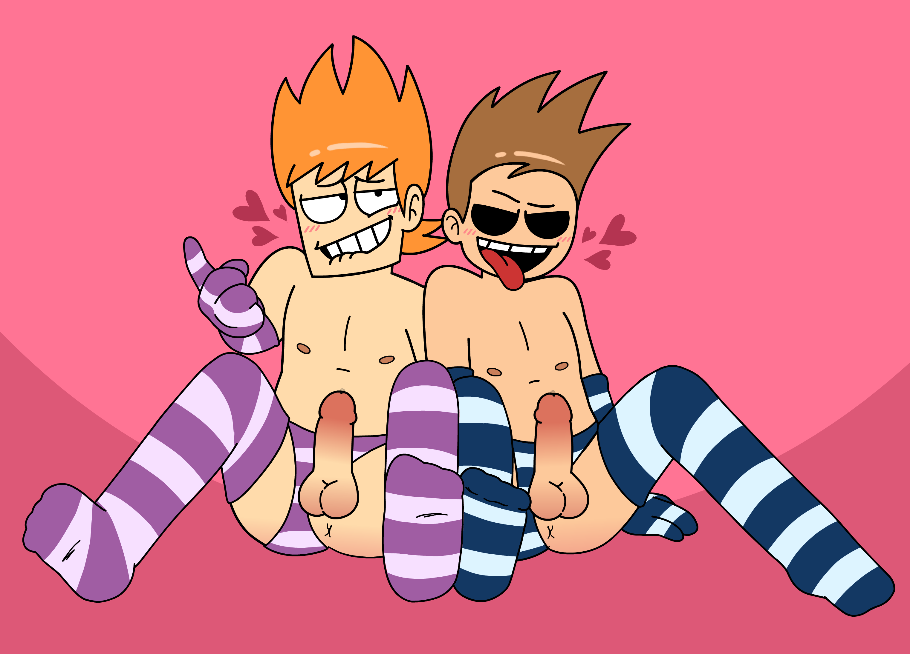 2boys, accurate art style, anus, balls, beckoning, bedroom eyes, biting own lip, blue striped arm warmers, blue striped panties, blue striped thighhighs, blush, blush lines, brown hair, dbone, duo, eddsworld, erection, eye sockets, femboy, flat chest, flat colors, ginger hair, grin, hand up, hearts around head, human, inviting to sex, looking at viewer, male, male only, matt (eddsworld), newgrounds, nipples, open smile, orange hair, penis, pink background, precum, presenting anus, presenting penis, purple striped arm warmers, purple striped panties, purple striped thighhighs, raised eyebrow, raised inner eyebrows, raised shoulder, raised shoulders, sitting on floor, spiked hair, spread legs, striped arm warmers, striped panties, striped thighhighs, tom (eddsworld), tongue, tongue out, white skin