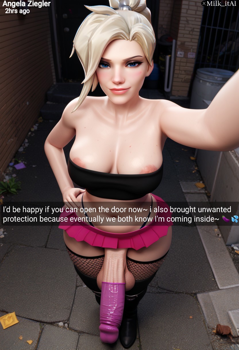 3d ai_generated big_penis blonde_hair condom condom_on_penis fishnets futa_only futanari mercy milk_itai miniskirt nipple_slip overwatch selfie snapchat