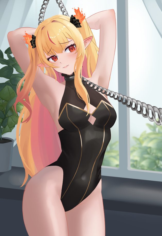 1girls 2d 2d_(artwork) arms_behind_head blonde_hair chains curtains day estebaneishon1 eternals_(idol_corp) female female_focus female_only front_view idol_corp idol_es indoors latam_virtual_youtuber light-skinned_female light_skin long_hair looking_at_viewer low_resolution lowres medium_breasts pointy_ears red_eyes red_hair ruby_runeheart slim_girl solo solo_female solo_focus standing tight_clothing two_tone_hair virtual_youtuber vtuber vtuberfanart window