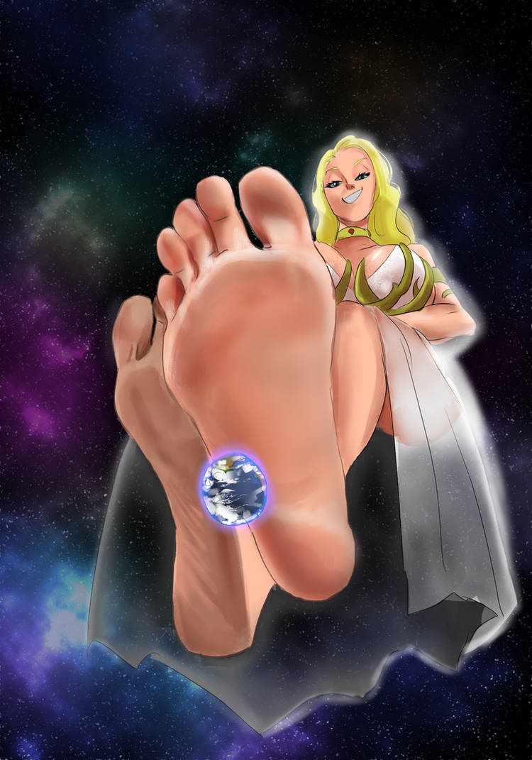 bare_shoulders bare_soles barefoot big_breasts big_feet blonde_female blonde_hair blonde_hair cleavage dominant dominant_female domination dominatrix dominatrix earth feet foot_fetish foot_focus giantess goddess large_breasts large_feet looking_at_viewer planet queen queen_miko soles space space_background ssslavein toes under_feet under_foot