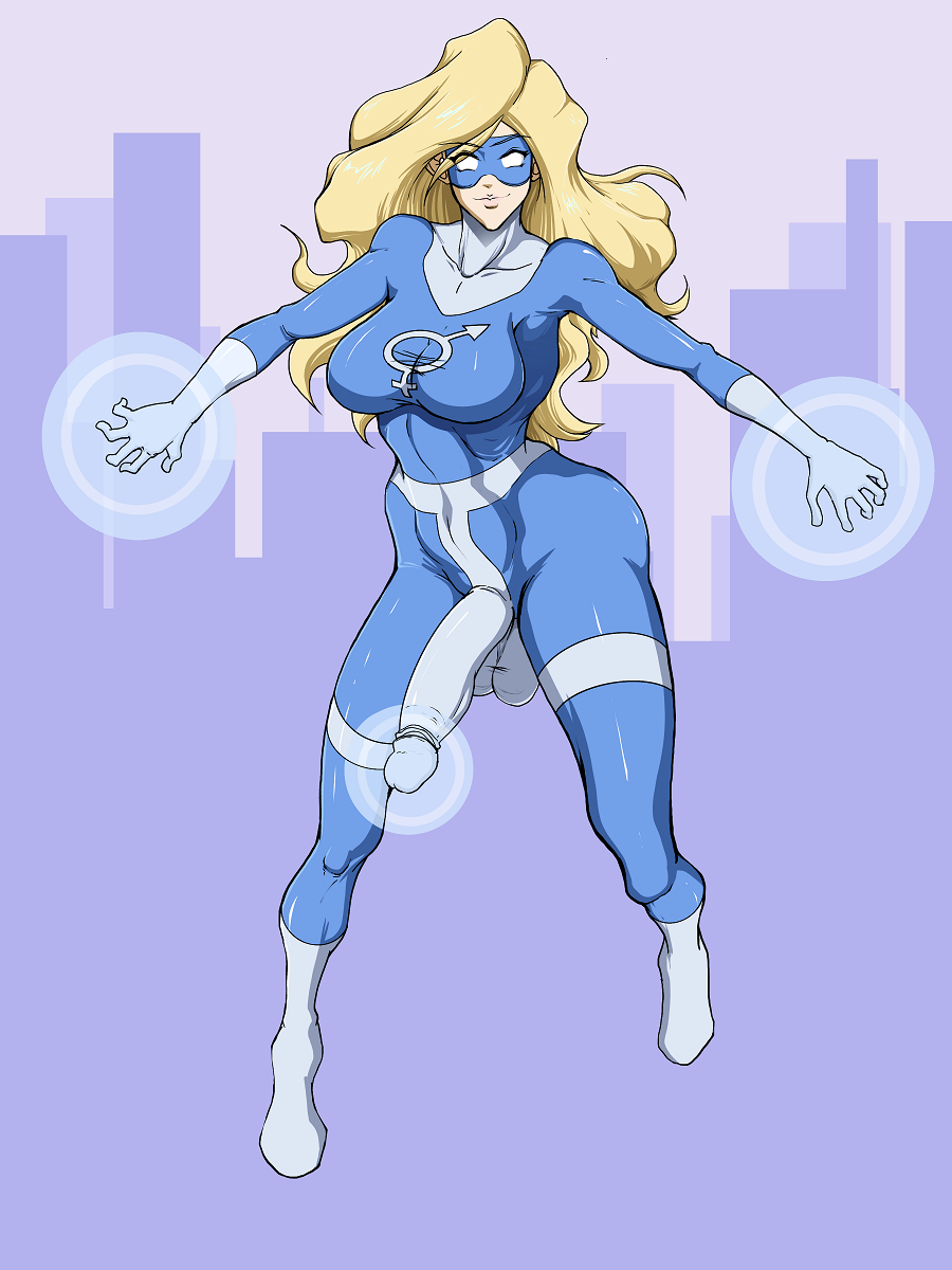 1futa athletic_futanari balls big_breasts big_penis blonde_hair bodysuit condom_suit eyemask flaccid_penis futa-woman futa_only futanari gloves halfro intersex large_breasts long_hair long_penis penis penis_outline pinup skin_tight superheroine toned_stomach