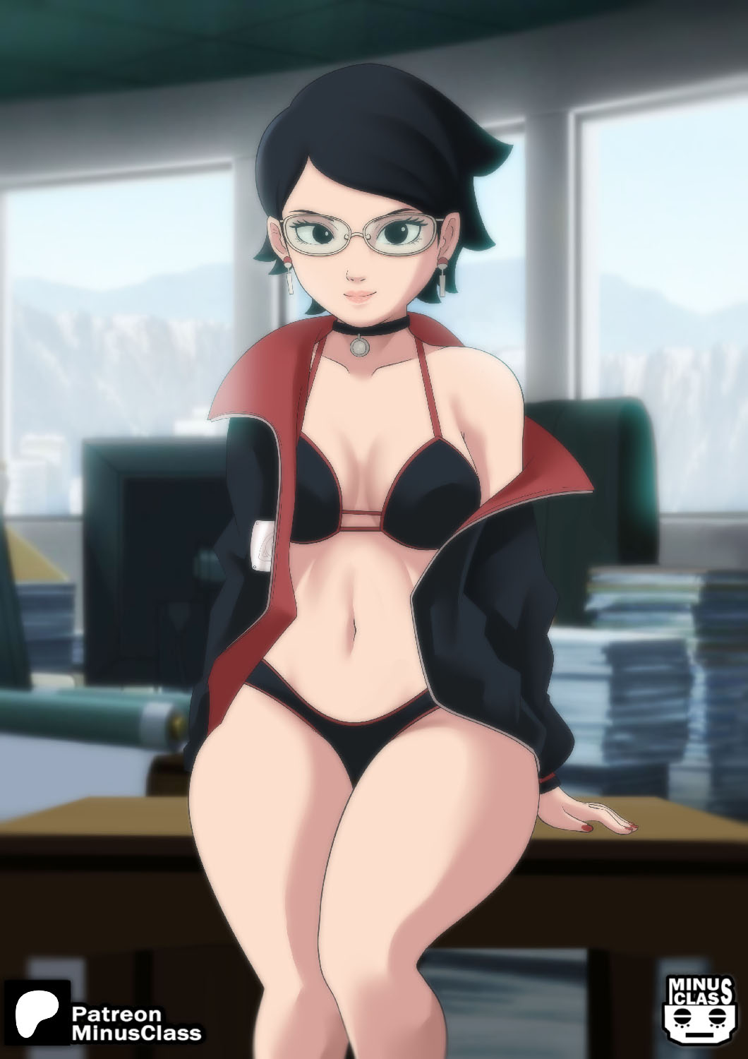 1girls black_eyes black_hair black_jacket blurry_background boruto:_two_blue_vortex bra breasts choker cleavage collarbone curvaceous earrings female female_only glasses hi_res hokage_office indoors jacket jewelry lipstick looking_at_viewer makeup medium_breasts midriff minus_class minusclass mostly_nude naruto naruto_(series) off_shoulder office panties partially_clothed patreon_username pinup revealing_clothes sarada_uchiha short_hair sitting sitting_on_table skimpy skimpy_clothes smile solo table uchiha_symbol underwear upper_body url watermark web_address wide_hips