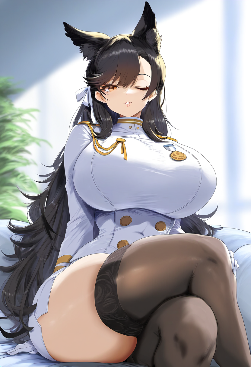 ai_generated animal_ears atago_(azur_lane) azur_lane big_breasts jaygoats legs_crossed long_hair looking_at_viewer slim_waist smile soft_smile thick_thighs thighhighs winking_at_viewer