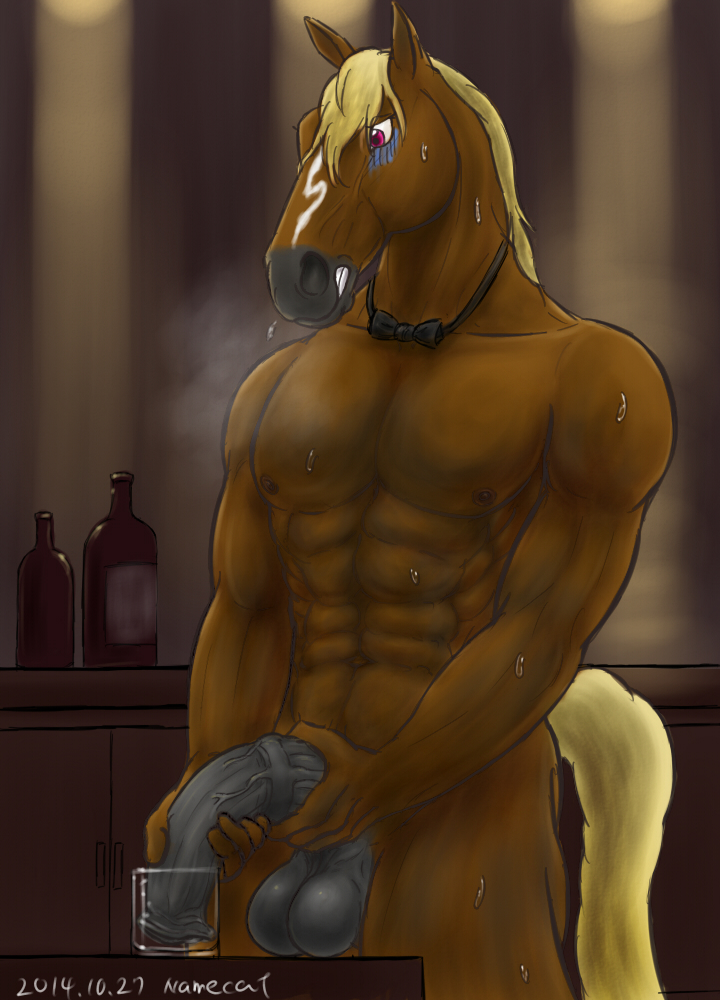 1boy abs animal_genitalia anthro balls black_penis bow_tie breath drink equine fur furry half-erect horse horsecock male male_only mammal namecat nipples nude penis solo waiter