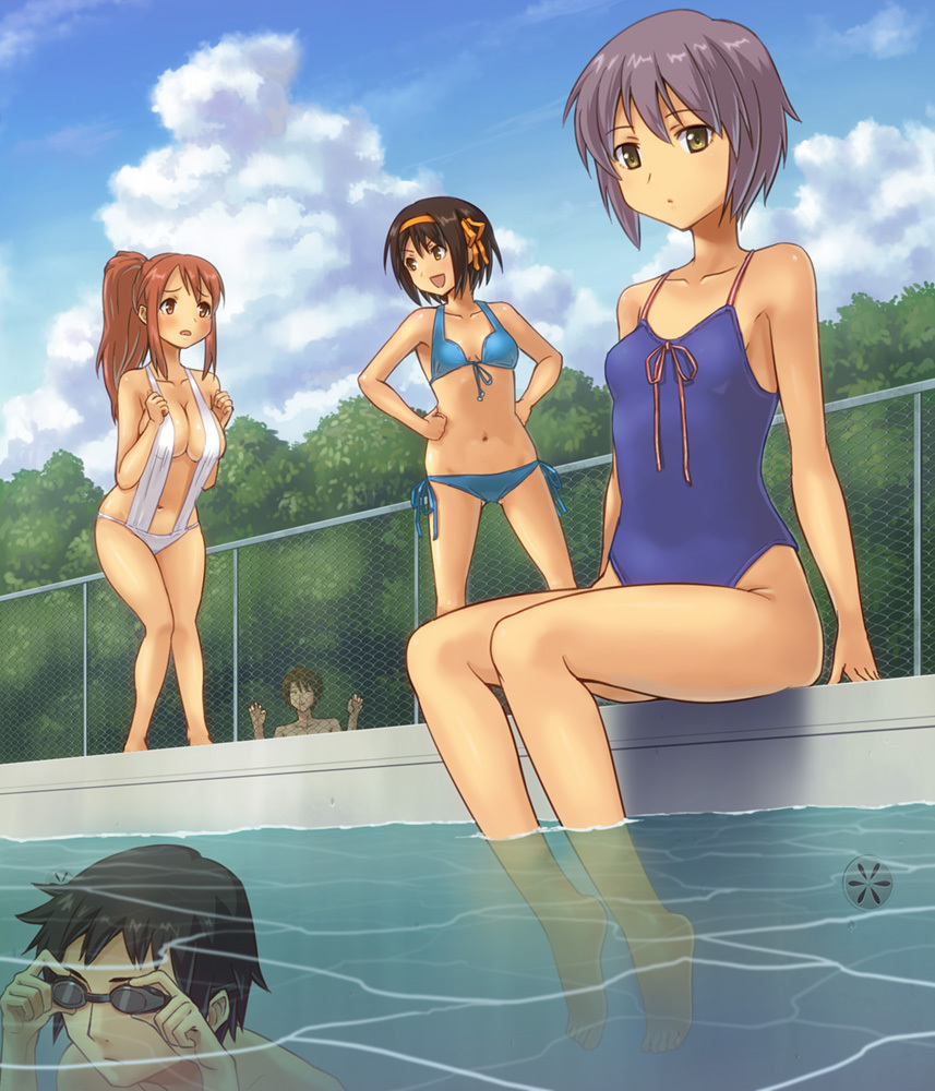 2boys 3girls adjusting_goggles asahina_mikuru ayastyle barefoot bikini blood blue_bikini blue_one-piece_swimsuit breasts brown_eyes brown_hair caustics chain-link_fence cloud commentary_request day drain_(object) fence flat_chest full_body goggles hair_ribbon hairband hashi hirano_aya koizumi_itsuki kyon large_breasts multiple_boys multiple_girls nagato_yuki nosebleed one-piece_swimsuit orange_hairband outdoors photoshop_(medium) pool poolside purple_hair ribbon short_hair sitting slingshot_swimsuit soaking_feet sos_brigade submerged suzumiya_haruhi suzumiya_haruhi_no_yuuutsu swimsuit tree voice_actor_connection water white_slingshot_swimsuit