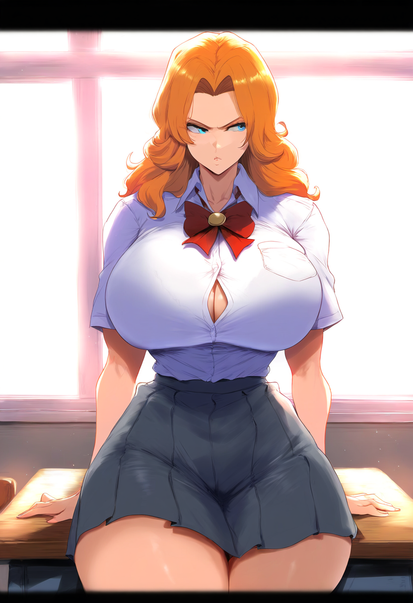 ai_generated angry annoyed big_breasts bleach blue_eyes classroom desk jaygoats legs_together long_hair looking_to_the_side matsumoto_rangiku milf school school_uniform sitting skirt slim_waist thick_thighs wide_hips